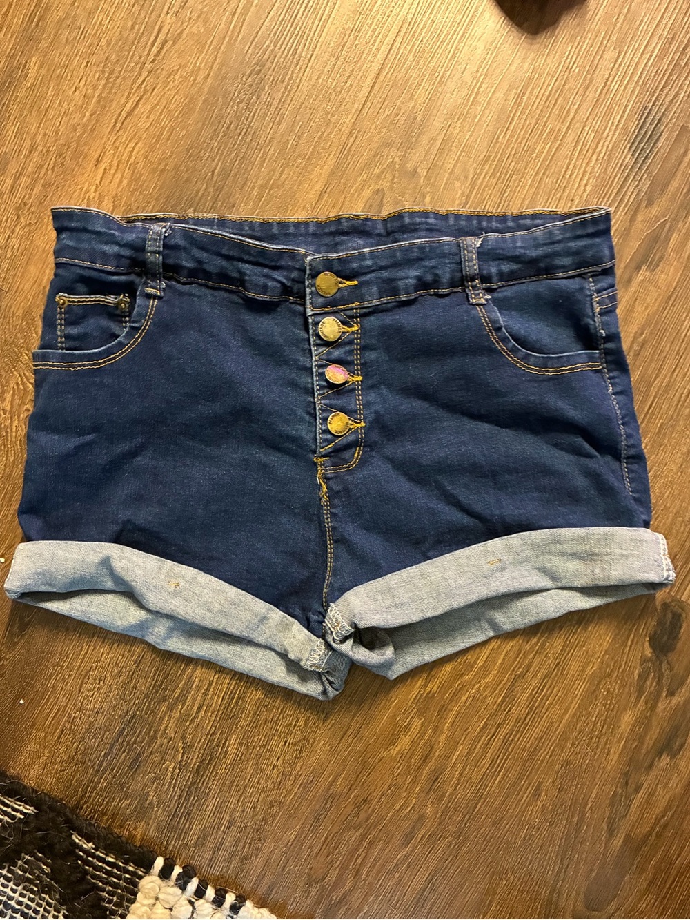 High-Rise Dark Blue Denim Roll-Cuff Shorts